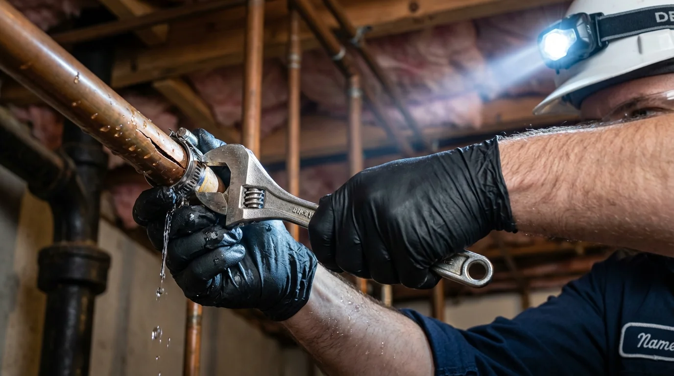 Emergency pipe clamp repair being performed by a Johns Plumbing LLC plumber in Hiller