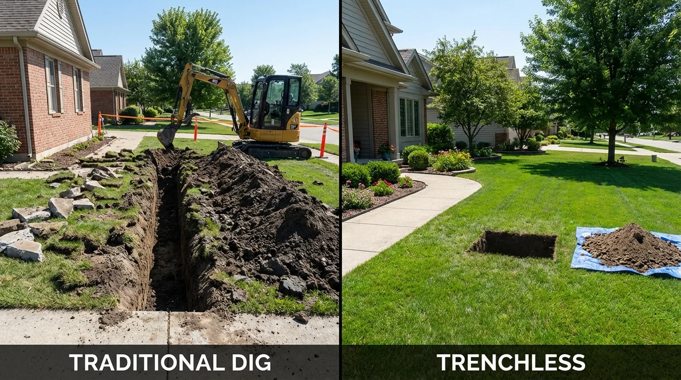 Trenchless sewer repair with minimal yard damage versus traditional excavation in Hiller, PA