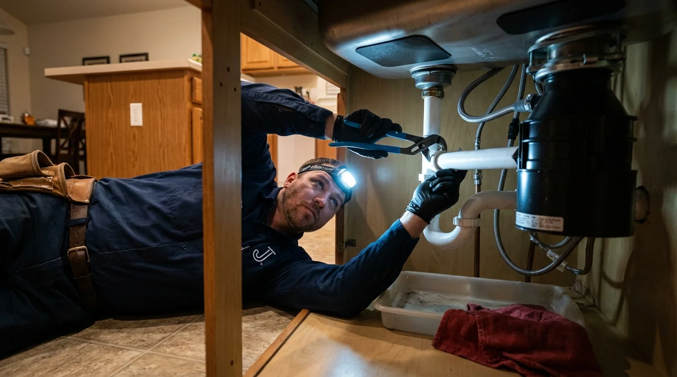 P-trap and supply line connections under a kitchen sink showing a common leak point in Hiller, PA